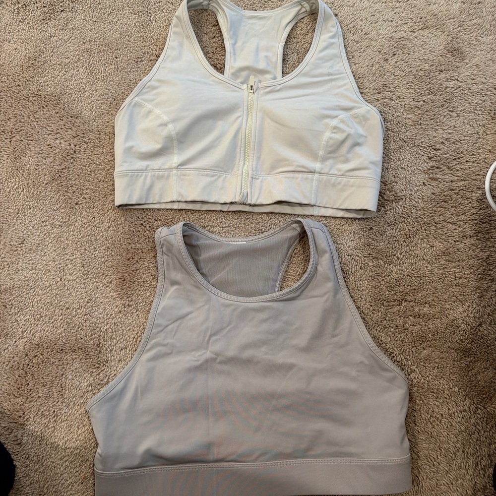 Fabletics Light Gray and Cream Sports Bras
